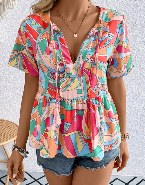Load image into Gallery viewer, Printed Tie Neck Short Sleeve Blouse
