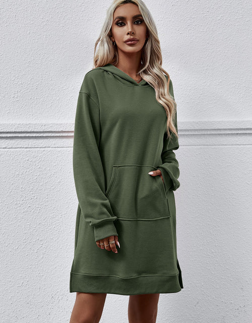 Load image into Gallery viewer, Slit Long Sleeve Hooded Dress with Pocket
