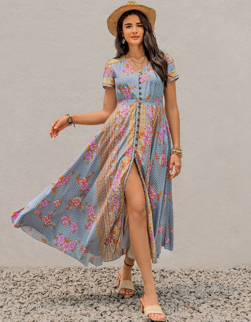 Load image into Gallery viewer, Smocked Floral V-Neck Short Sleeve Midi Dress
