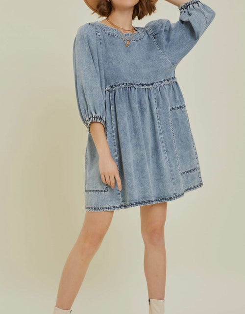 Load image into Gallery viewer, Cutout Round Neck Balloon Sleeve Denim Dress
