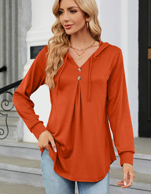 Load image into Gallery viewer, Decorative Button Drawstring Long Sleeve Hoodie
