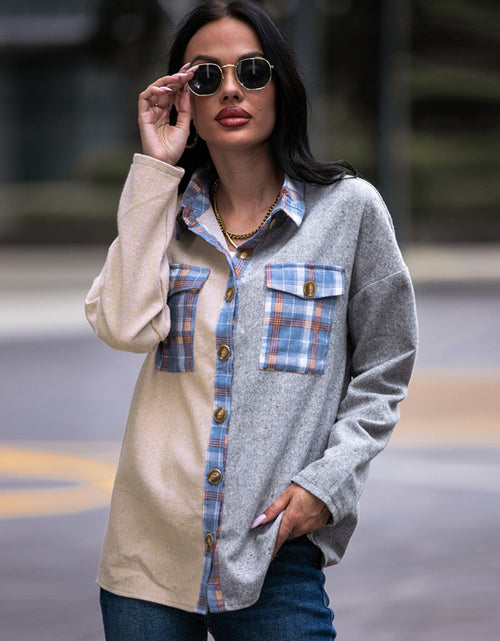 Load image into Gallery viewer, Shiny Plaid Contrast Drop Shoulder Shacket
