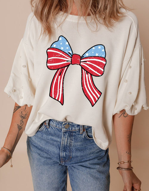 Load image into Gallery viewer, Bowknot Graphic Pearl Puff Half Sleeve T Shirt
