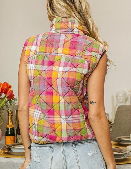 Load image into Gallery viewer, BiBi Quilted Washed Plaid Snap Down Vest

