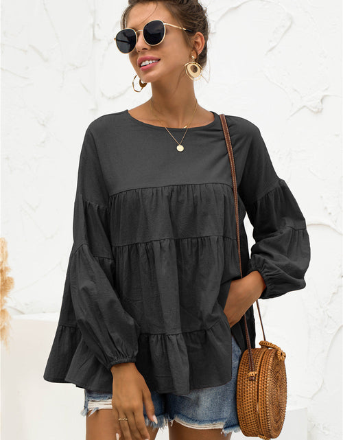 Load image into Gallery viewer, Round Neck Bubble Sleeve Tiered Blouse
