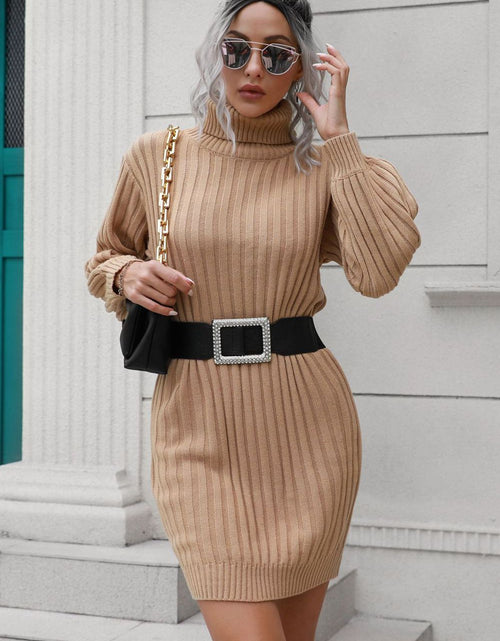 Load image into Gallery viewer, Ribbed Turtle Neck Long Sleeve Mini Sweater Dress

