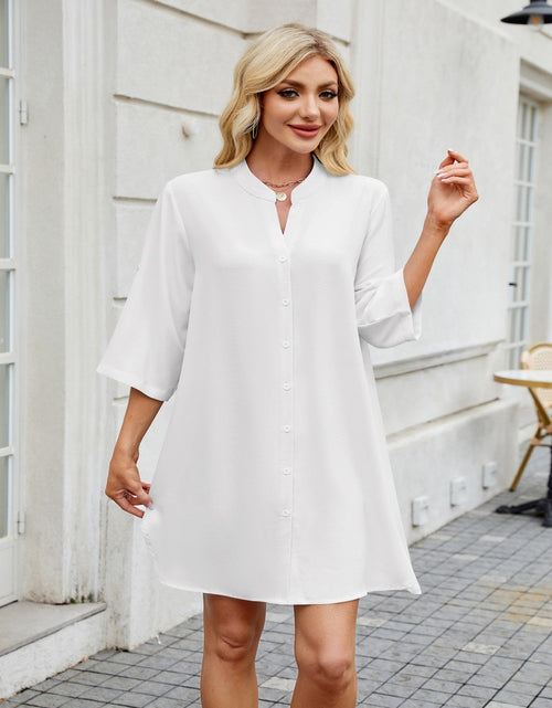 Load image into Gallery viewer, Notched Long Sleeve Mini Shirt Dress

