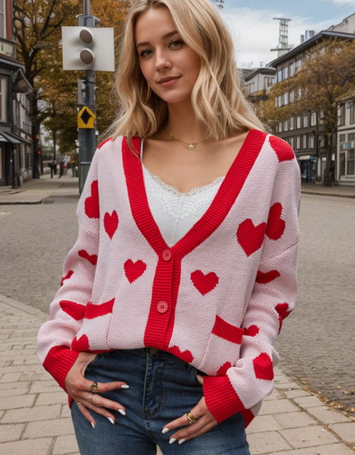 Load image into Gallery viewer, Heart Button Up Dropped Shoulder Long Sleeve Cardigan
