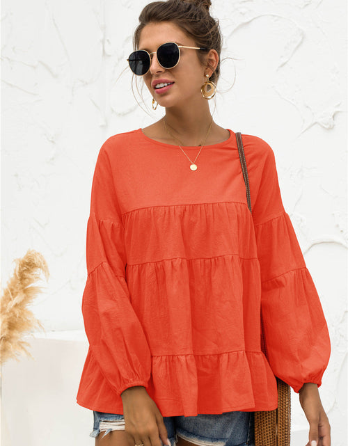 Load image into Gallery viewer, Round Neck Bubble Sleeve Tiered Blouse

