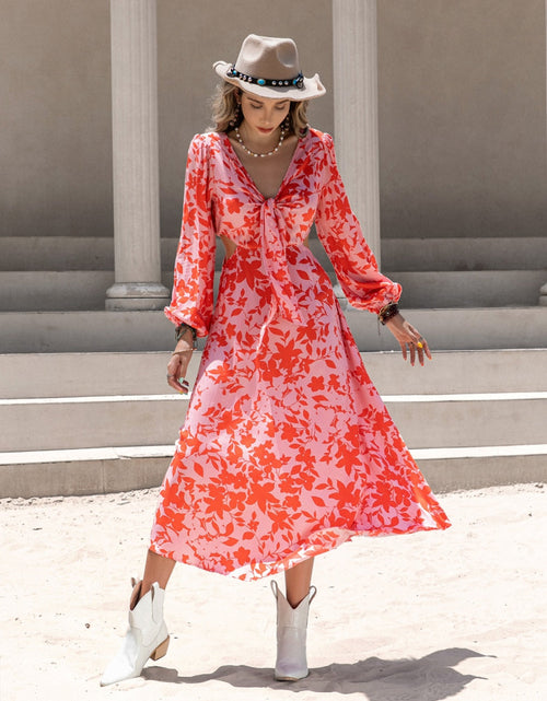 Load image into Gallery viewer, Tied Cutout Printed Long Sleeve Midi Dress
