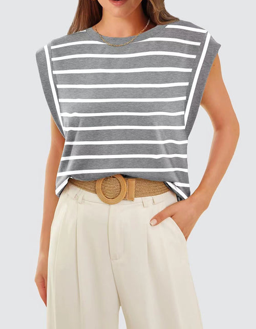 Load image into Gallery viewer, Striped Round Neck Cap Sleeve T-Shirt
