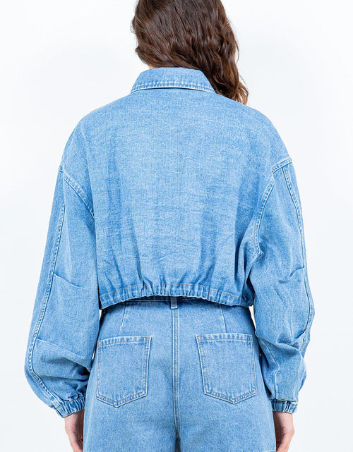 Load image into Gallery viewer, American Bazi Drawstring Waist Crop Denim Jacket
