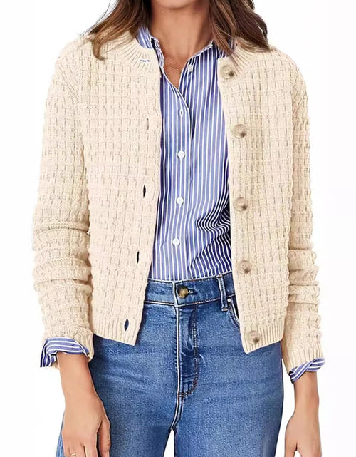 Load image into Gallery viewer, Button Up Round Neck Long Sleeve Cardigan
