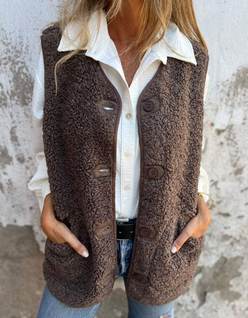 Load image into Gallery viewer, Full Size Pocketed Button Up V-Neck Sherpa Vest

