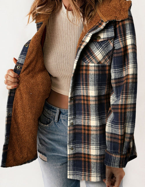 Load image into Gallery viewer, Plaid Button Up Long Sleeve Hooded Jacket
