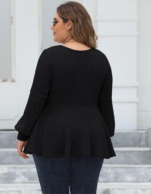 Load image into Gallery viewer, Plus Size Ribbed V-Neck Long Sleeve Blouse
