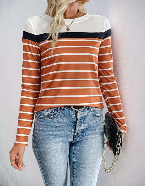 Load image into Gallery viewer, Perfee Contrast Striped Round Neck Long Sleeve T-Shirt
