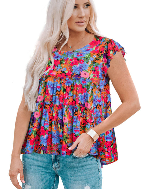 Load image into Gallery viewer, Floral Round Neck Frill Trim Blouse
