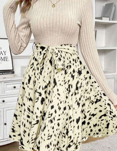 Load image into Gallery viewer, Printed Tie Waist Mock Neck Long Sleeve Dress
