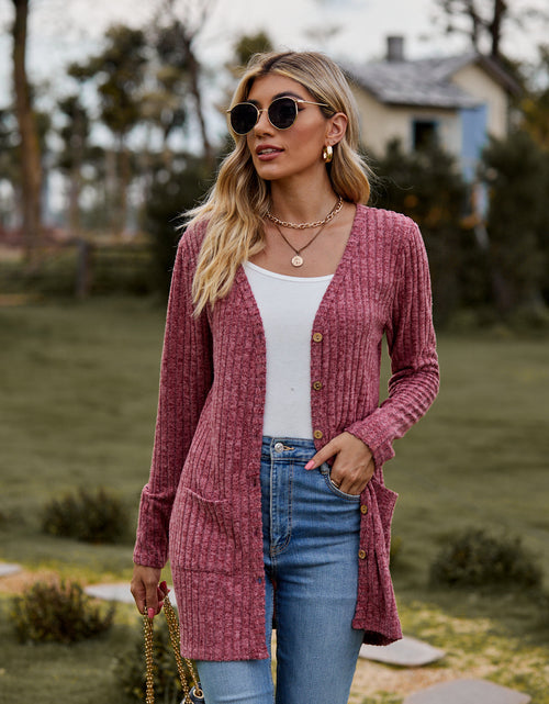 Load image into Gallery viewer, Ribbed Button-Up Cardigan with Pockets
