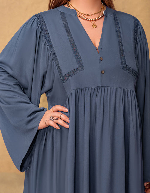 Load image into Gallery viewer, Plus Size Lace Detail Notched Long Sleeve Midi Dress
