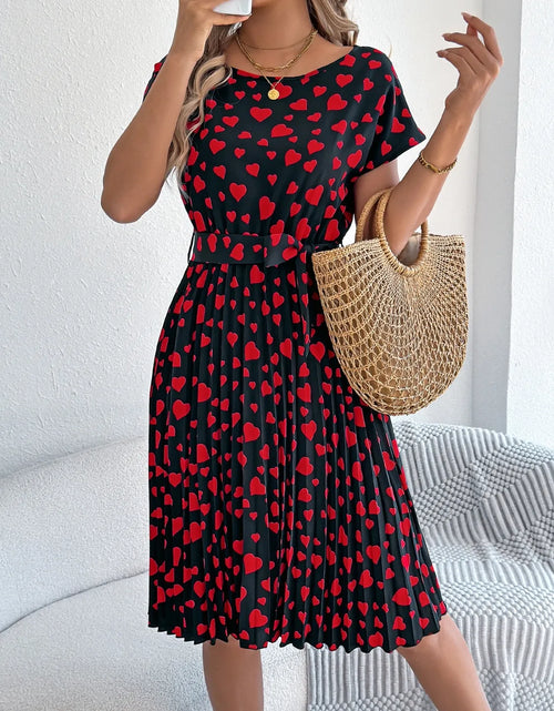 Load image into Gallery viewer, Heart Print Short Sleeve Tie Waist Dress
