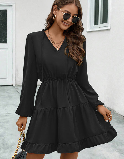 Load image into Gallery viewer, V-Neck Tie Neck Long Sleeve Dress
