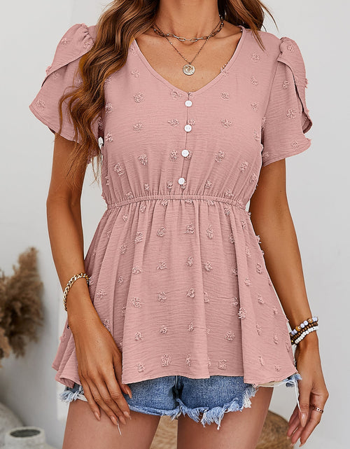 Load image into Gallery viewer, Swiss Dot Buttoned Petal Sleeve Peplum Blouse
