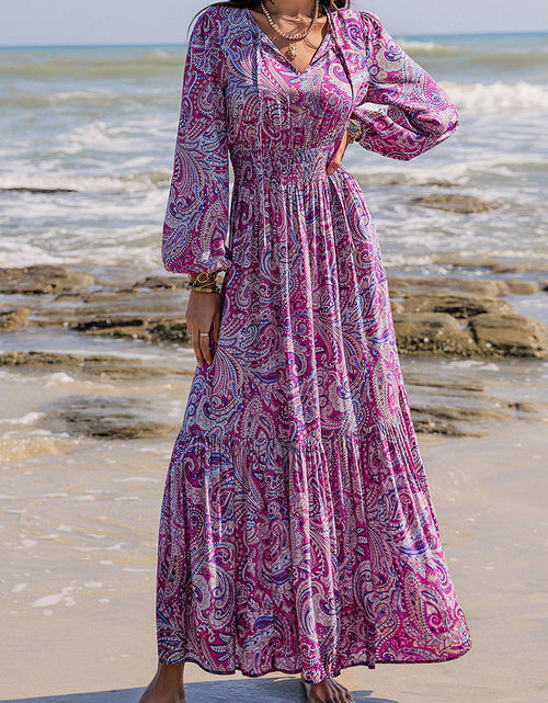 Load image into Gallery viewer, Printed Tie Neck Balloon Sleeve Maxi Dress
