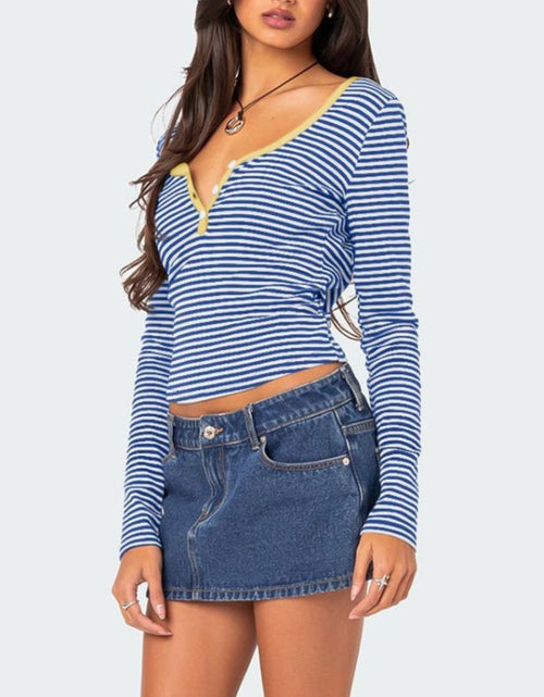 Load image into Gallery viewer, Buttoned Striped Long Sleeve T-Shirt
