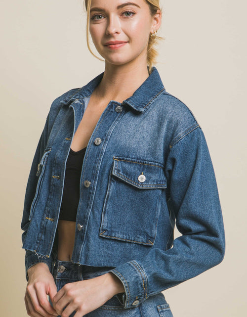 Load image into Gallery viewer, Love Tree Raw Hem Button Up Cropped Denim Jacket
