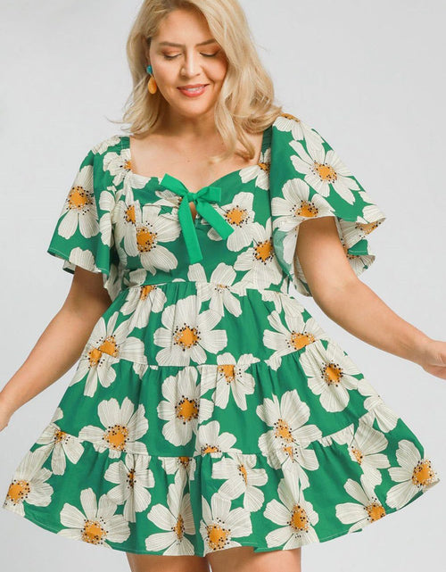 Load image into Gallery viewer, Umgee Full Size Daisy Print Mini Dress with Ribbon Details Plus Size
