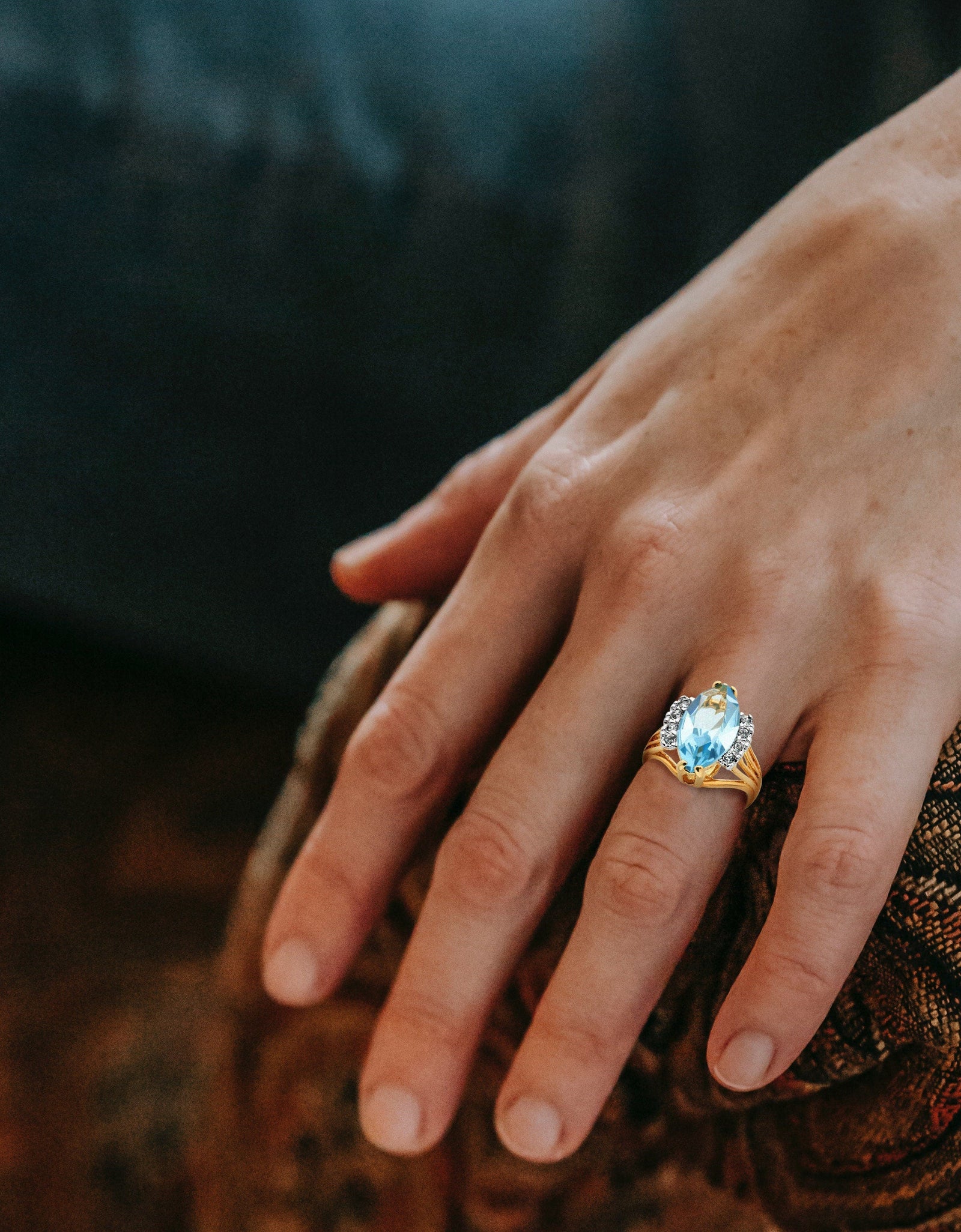 Vintage Ring Aquamarine Marquise Crystal 18k Gold Antique Womans Jewelry Handmade Rings by PVD Vintage Jewelry