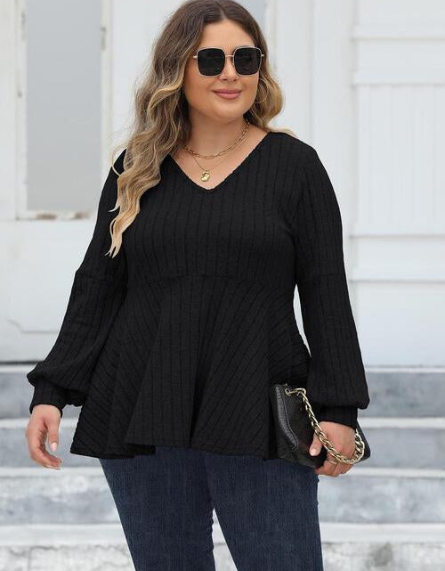 Load image into Gallery viewer, Plus Size Ribbed V-Neck Long Sleeve Blouse
