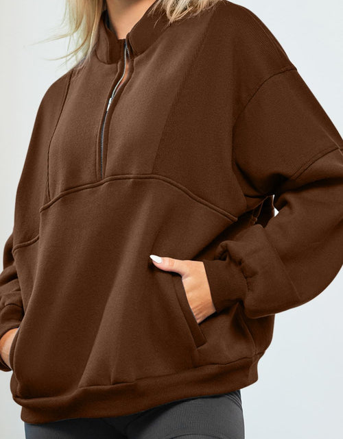 Load image into Gallery viewer, Half Zip Drop Shoulder Long Sleeve Sweatshirt
