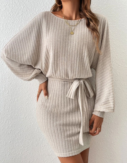 Load image into Gallery viewer, Round Neck Tie Waist Long Sleeve Mini Dress
