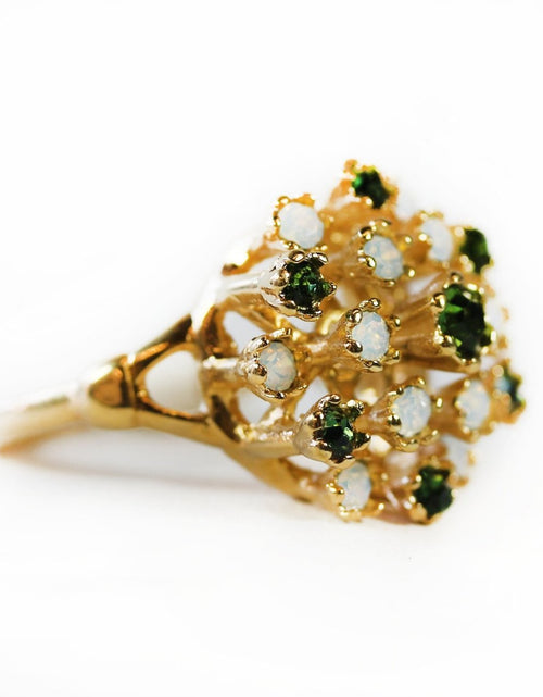 Load image into Gallery viewer, Vintage Ring Ruby Austrian Crystals and Pinfire Opals 18k White Gold Electroplate Made in the USA by PVD Vintage Jewelry
