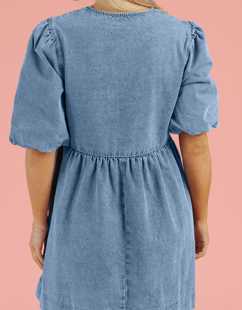 Load image into Gallery viewer, Bowknot Round Neck Half Sleeve Denim Dress
