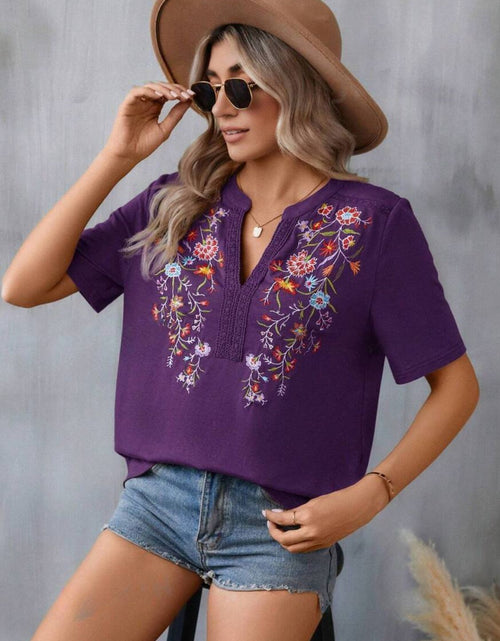 Load image into Gallery viewer, Embroidered Notched Short Sleeve T-Shirt
