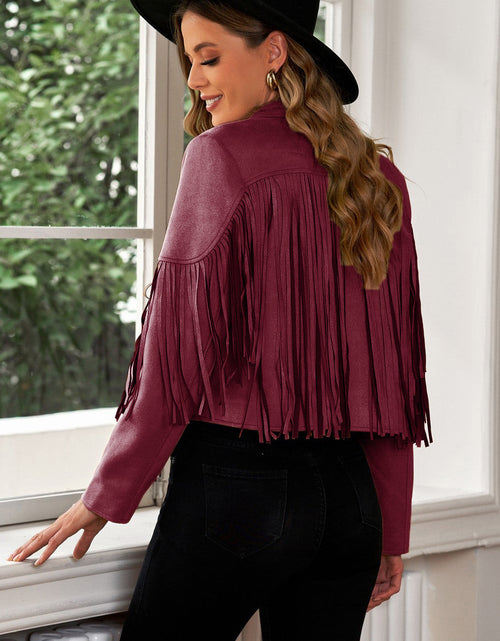 Load image into Gallery viewer, Fringe Trim Lapel Collar Cropped Blazer
