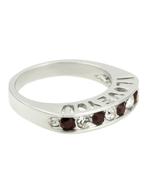 Load image into Gallery viewer, Vintage 1980s I Love You Ring Band Ring Garnet and Clear Austrian Crystals Imported by PVD Vintage Jewelry
