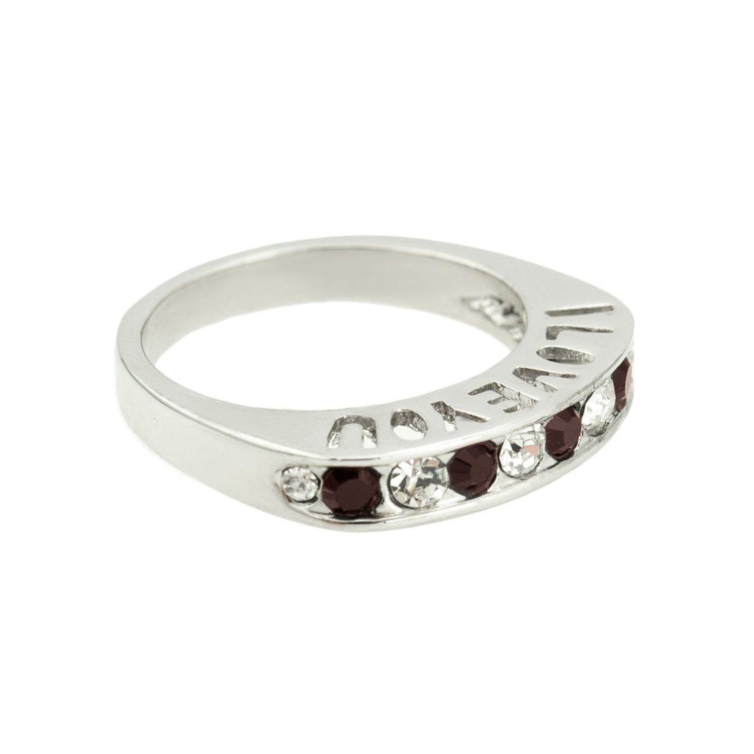 Vintage 1980s I Love You Ring Band Ring Garnet and Clear Austrian Crystals Imported by PVD Vintage Jewelry