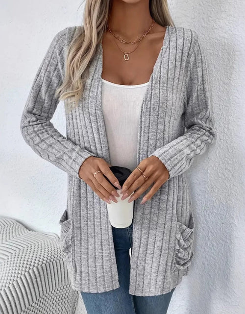 Load image into Gallery viewer, Ribbed Open Front Long Sleeve Cardigan with Pockets
