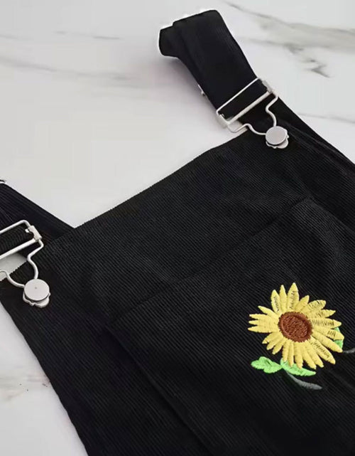 Load image into Gallery viewer, Embroidered Sunflower Wide Strap Overalls with Pockets
