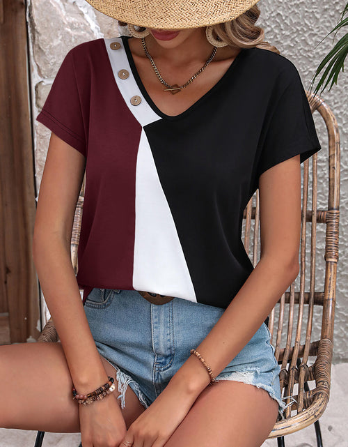 Load image into Gallery viewer, Ivy Lane Color Block Decorative Button V-Neck Tee
