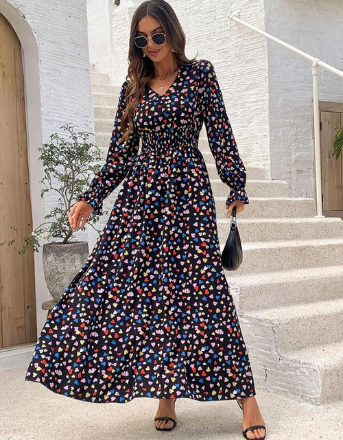 Load image into Gallery viewer, Smocked Printed V-Neck Flounce Sleeve Dress
