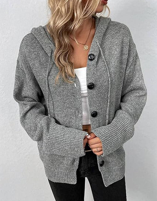 Load image into Gallery viewer, Button Up Drawstring Long Sleeve Hooded Cardigan
