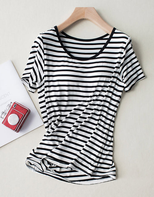 Load image into Gallery viewer, Striped Round Neck Short Sleeve T-Shirt with Bra
