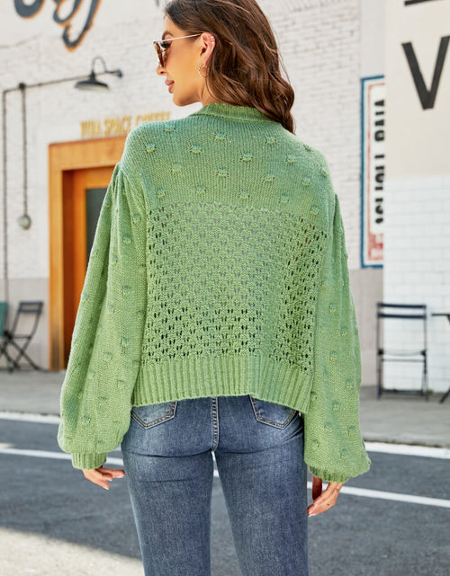 Load image into Gallery viewer, Woven Right Openwork Pompom Puff Sleeve Cardigan
