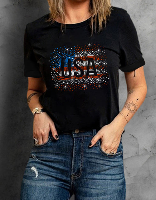 Load image into Gallery viewer, USA Rhinestone Round Neck Short Sleeve T-Shirt
